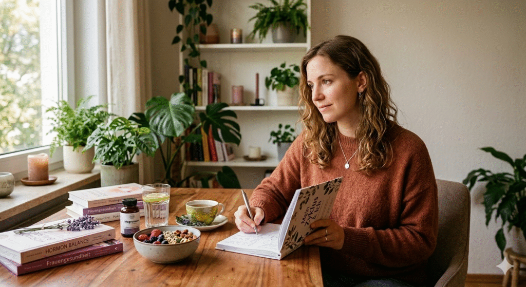 ine junge Frau mit welligem braunem Haar sitzt nachdenklich an einem Holztisch und schreibt mit einem Stift in ein Tagebuch namens 'Mein Zyklus & Ich'. Vor ihr liegen ein Stapel Bücher zur Frauengesundheit, Lavendel, ein Glas Zitronenwasser, eine Tasse Tee und eine Schale mit Beeren und Nüssen. Ein Regal mit Zimmerpflanzen füllt den Hintergrund.